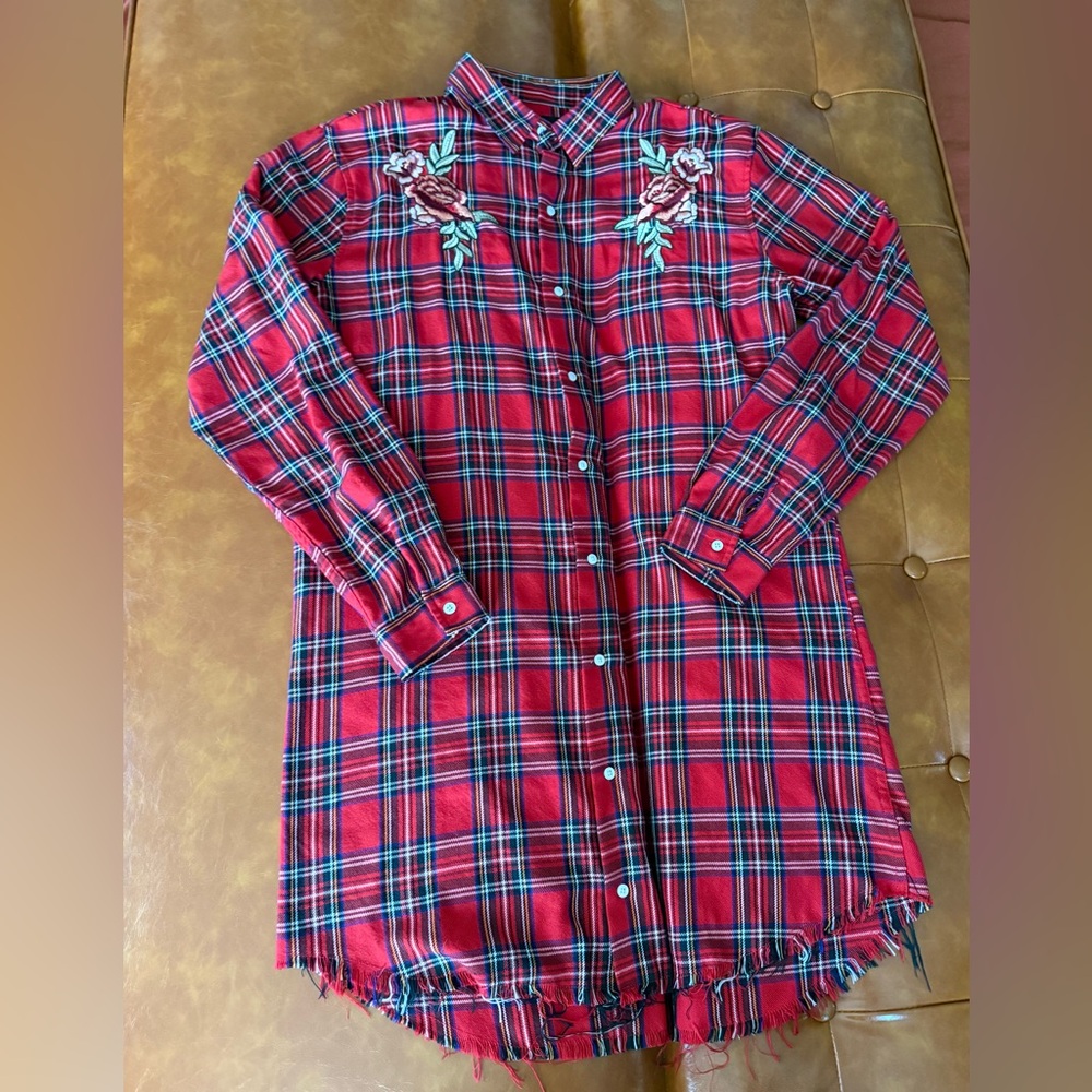 Red Plaid Embroidered Longline Dress